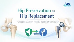 Minimal blog banner showing the title “Hip Preservation vs Hip Replacement” with a healthy hip joint illustration on the left, a hip replacement implant on the right, and clean medical design with ample spacing.