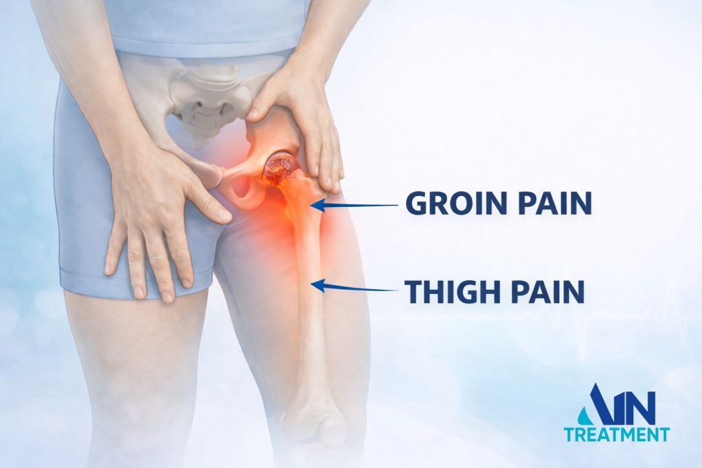 Early signs of avascular necrosis showing groin pain and thigh pain due to hip joint involvement.