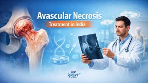 Non surgical and surgical avascular necrosis treatment in India with hip joint damage and orthopedic specialist examining X-ray